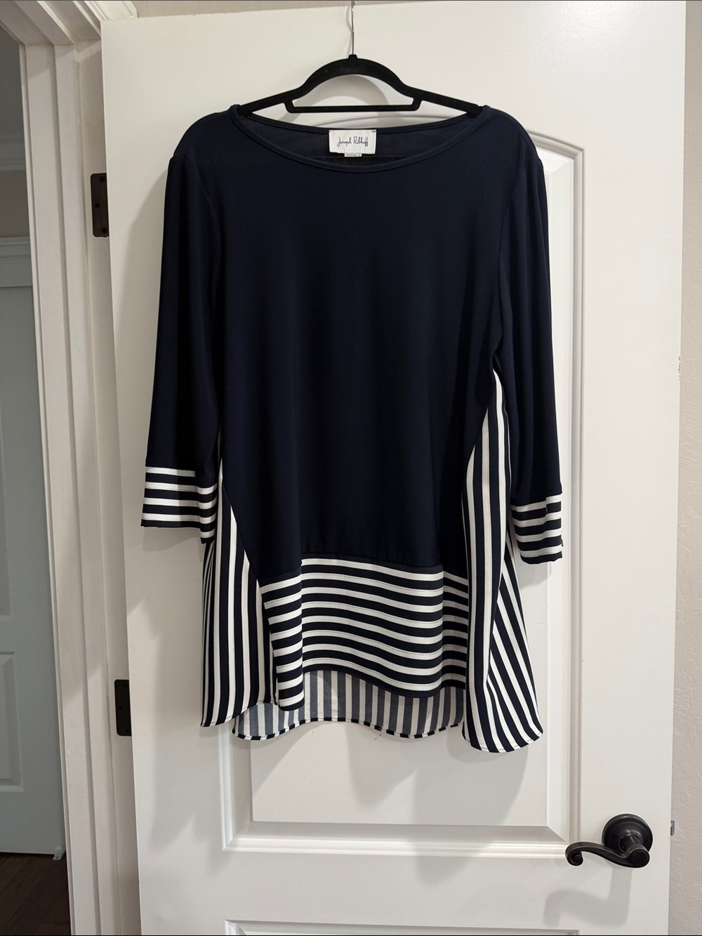Joseph Ribkoff Navy and White Striped Hem & Cuff Tunic